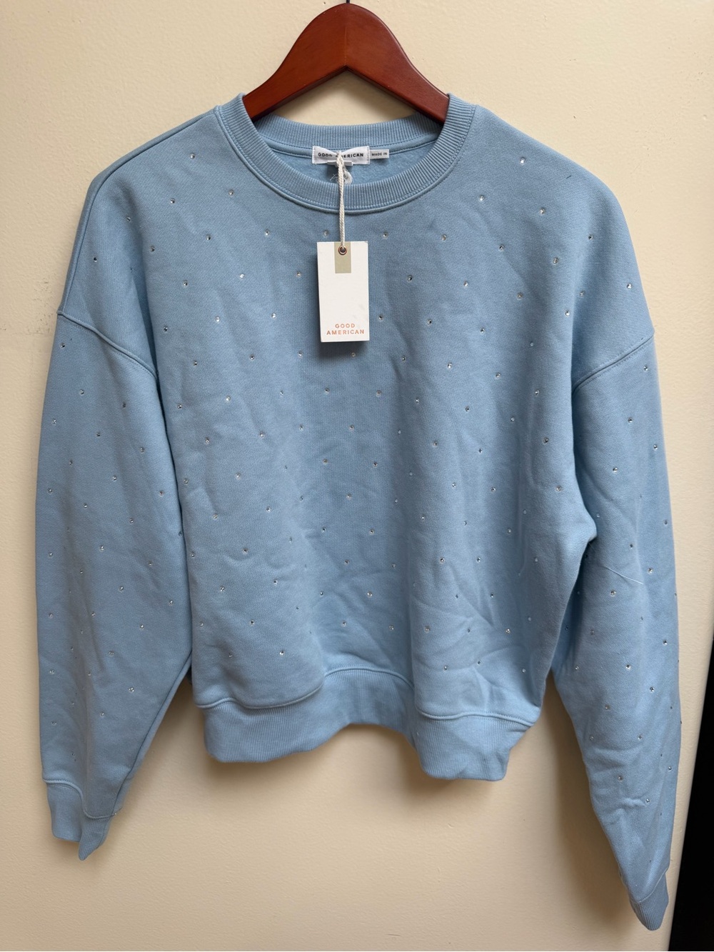 Good American Powder Blue Crystal-Stud Crewneck Sweatshirt